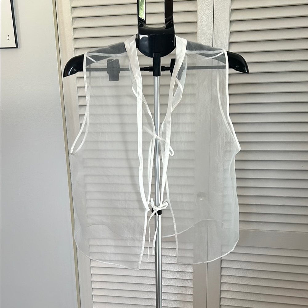 Cream Sheer Sleeveless Blouse with Tie Front